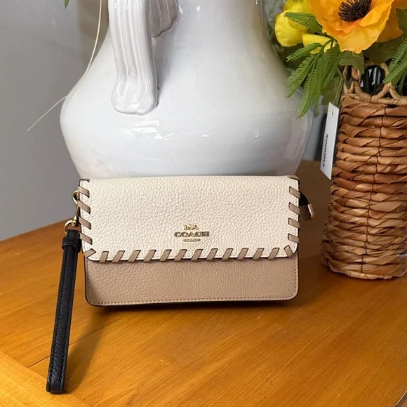 Coach Two-Tone Cream & Taupe Leather Crossbody Wristlet with Black Strap - Picture 1 of 16